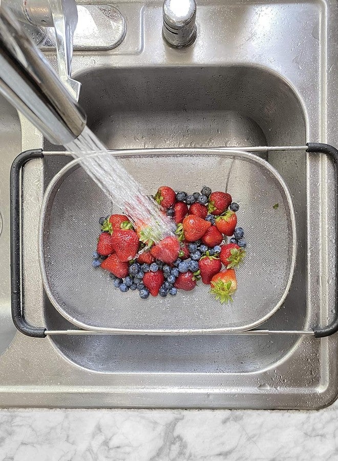 RIGJAK Large Over The Sink Colander, 18/8 Stainless Steel Fine Mesh Strainer Basket with Expandable Rubber Grip Handles - Strain, Drain, Rinse Fruits, Vegetables - Image 4